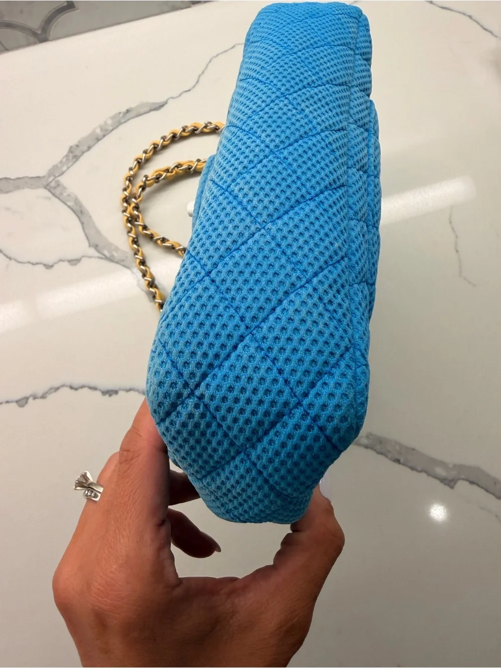 CHANEL Blue Quilted Perforated Jersey Shoulder Bag with  Chain